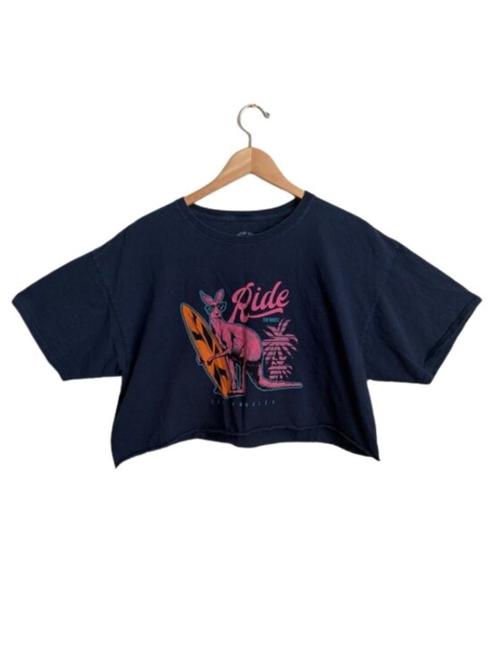 Jupiter Moon Tops - Jupiter Moon Surf Kangaroo Graphic Crop Tee Women XL Oversized Navy Blue